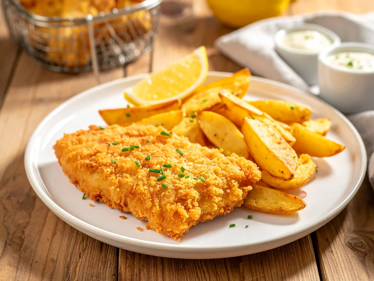 Airfryer-Backfisch mit Kartoffelecken und Remoulade