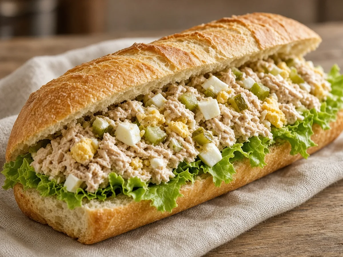 Aufgeschnittenes Baguette gefüllt mit Thunfisch-Ei-Salat