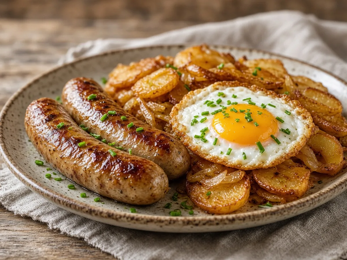 Bratwurst-Pfanne mit Bratkartoffeln und Spiegelei