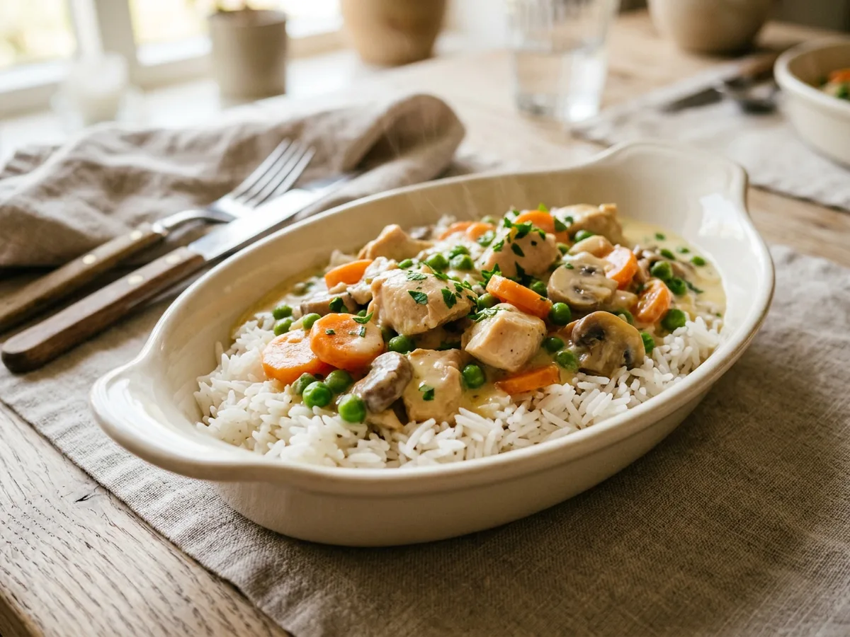 Hühnerfrikassee mit Champignons und Reis
