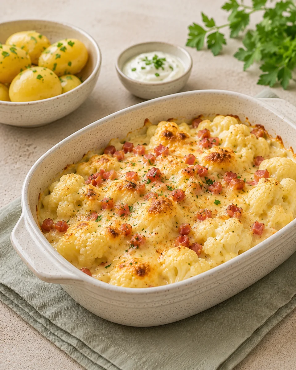 Blumenkohl-Käse-Auflauf mit Speckwürfeln