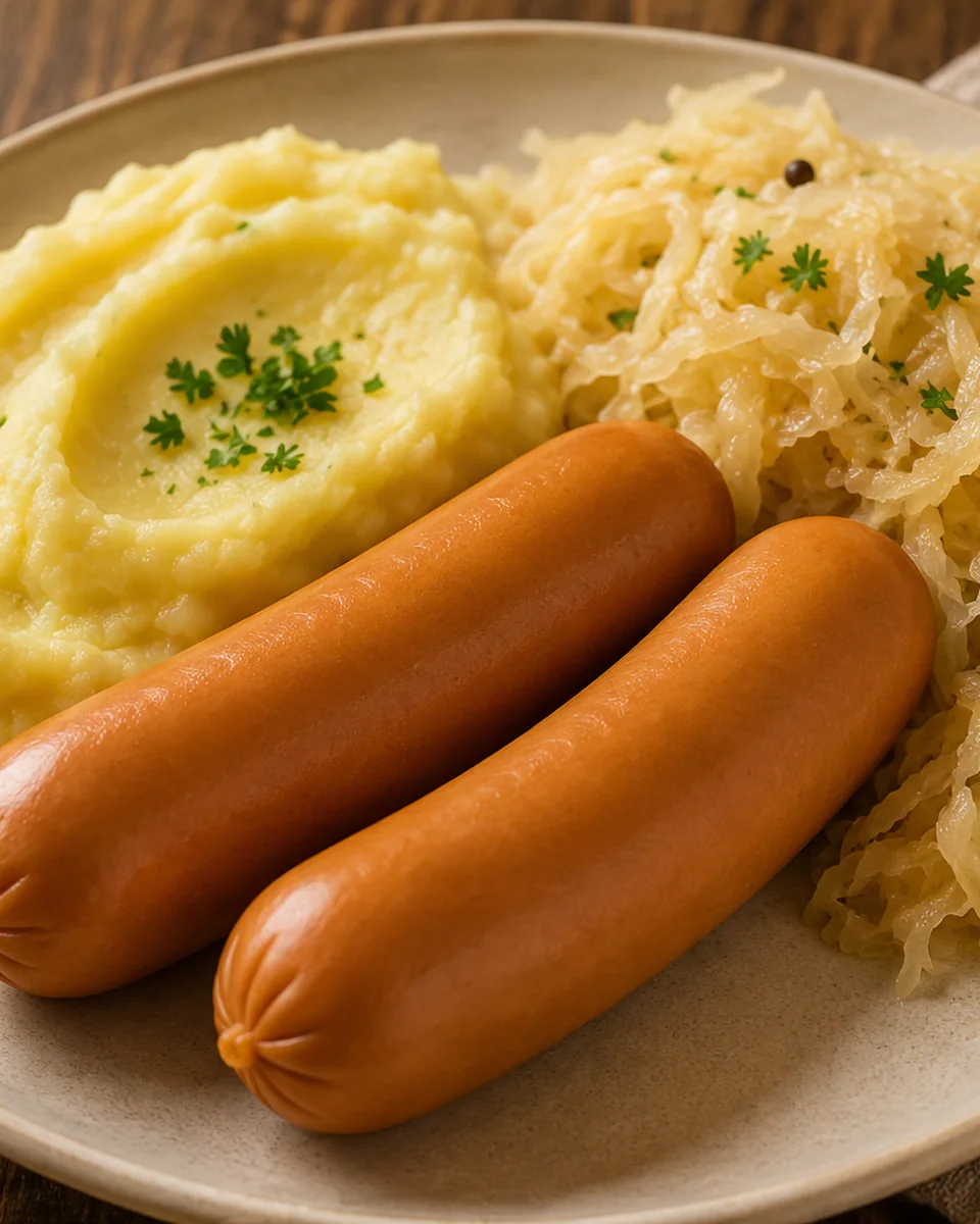 Bockwurst mit Sauerkraut und Kartoffelpüree