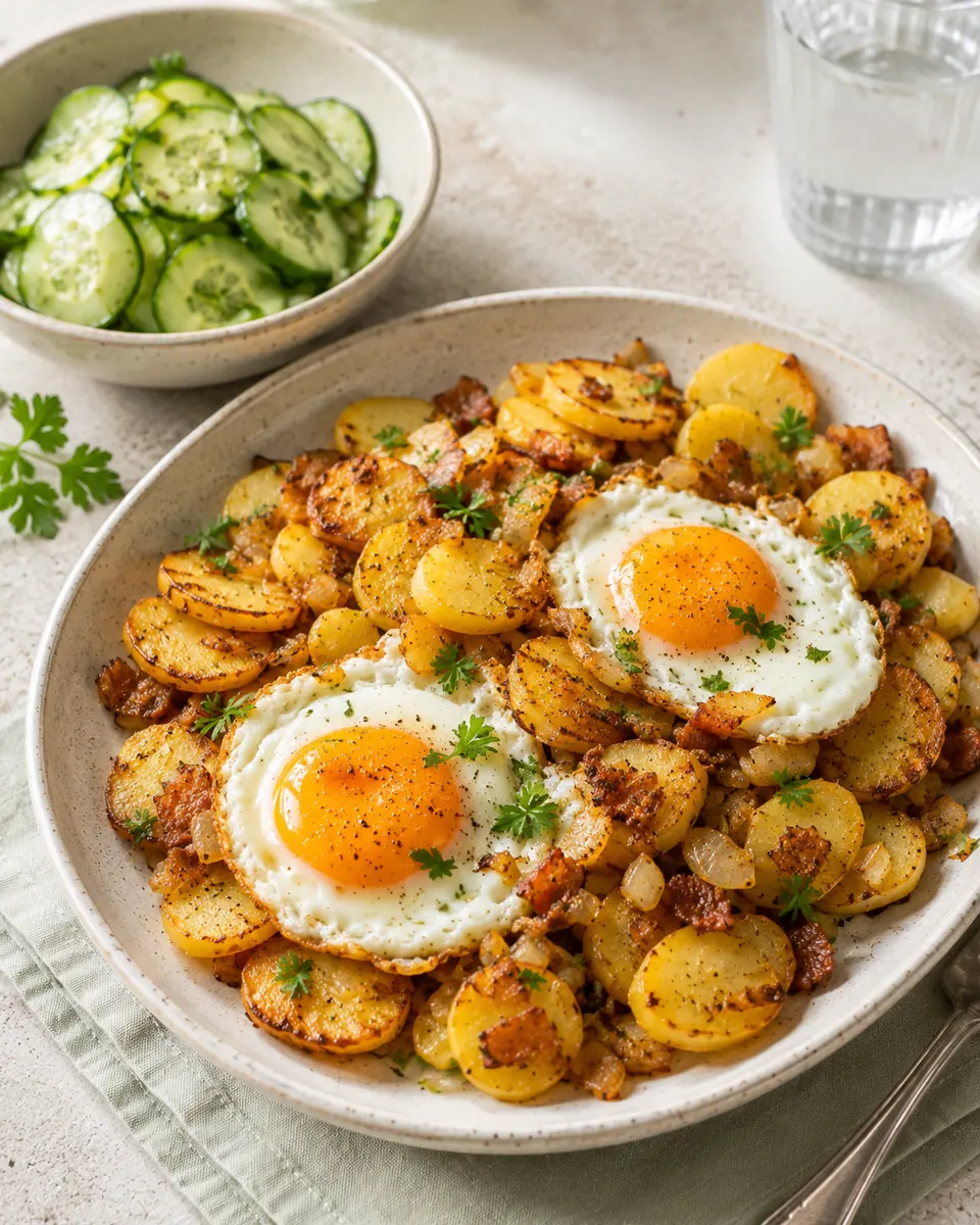 Bratkartoffeln mit Ei und Gurkensalat