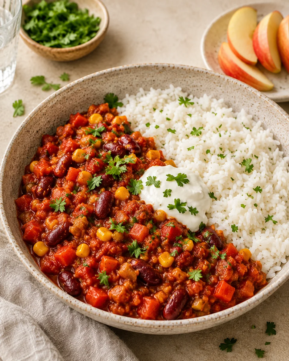 Chili sin Carne mit Reis und Joghurt