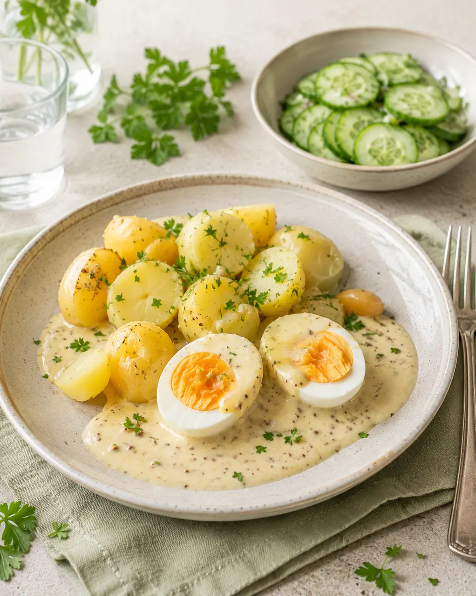 Eier in Senfsoße mit Kartoffeln und Gurkensalat