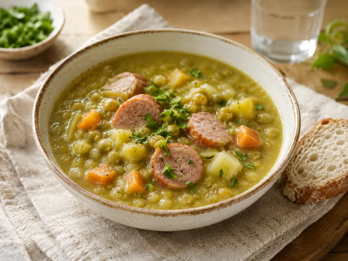 Erbsensuppe mit Würstchen und Brot