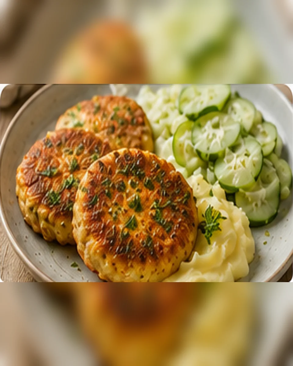 Fischfrikadellen mit Kartoffelpüree und Gurkensalat