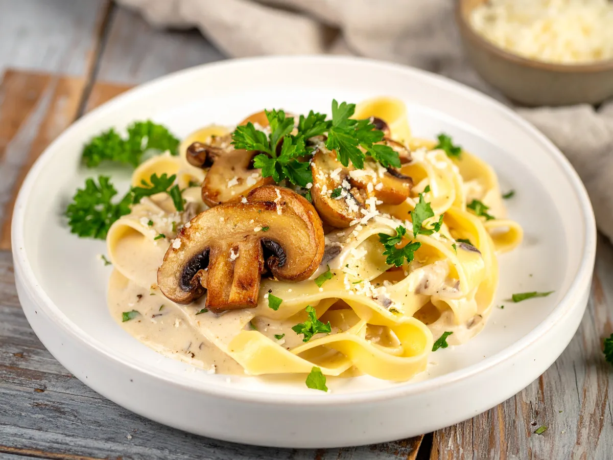 Nudeln mit cremiger Champignonsoße