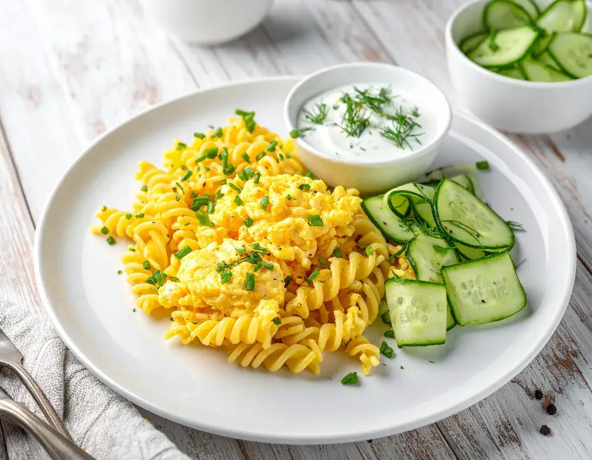 Nudeln mit Ei und Gurkensalat