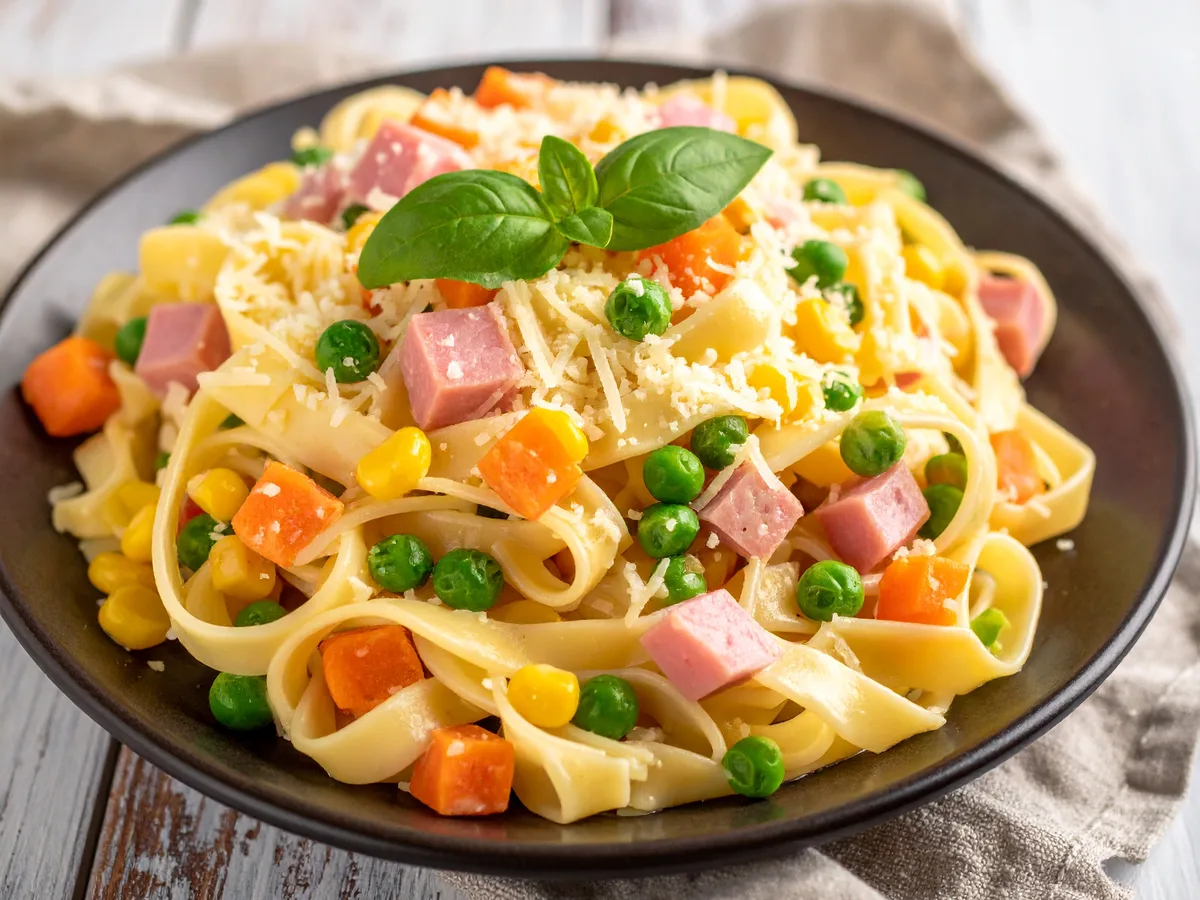 Nudelpfanne mit TK-Gemüse und Schinkenwürfeln