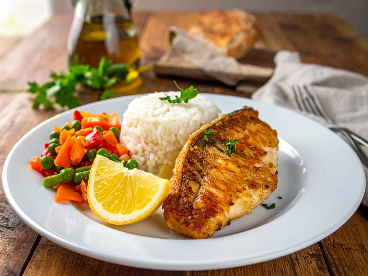 Pangasius-Filet mit Reis und Gemüse