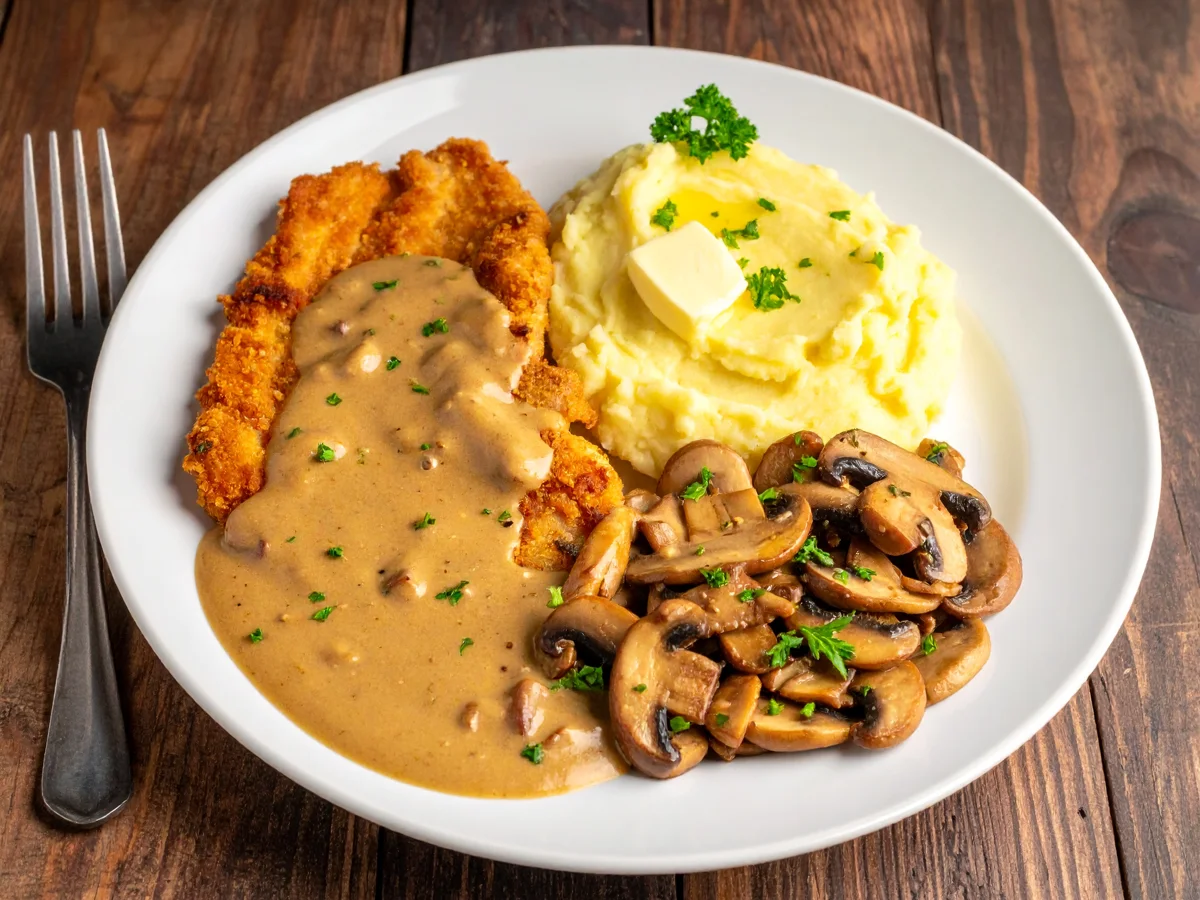 Rahmschnitzel mit Champignons und Kartoffelpüree