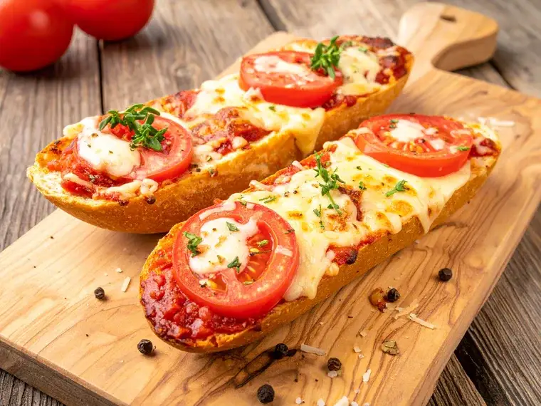 Baguette-Pizza, mit Tomatensoße, Käse und Tomatenscheiben überbacken