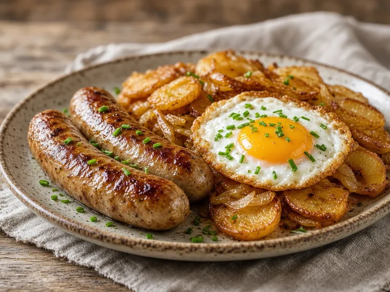 Bratwurst-Pfanne mit Bratkartoffeln und Spiegelei