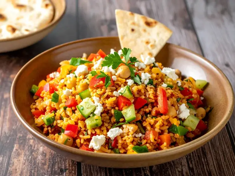 Bulgur-Salat Kısır mit Paprika, Gurke, Kichererbsen und Feta