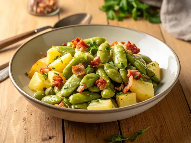 Dicke Bohnen mit Kartoffeln und knusprigem Katenschinken