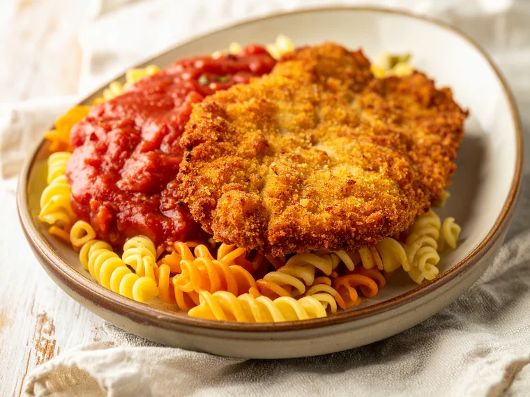 Jägerschnitzel (paniertes Jagdwurst-Schnitzel) mit Spirelli und Ketchup-Tomaten-Soße