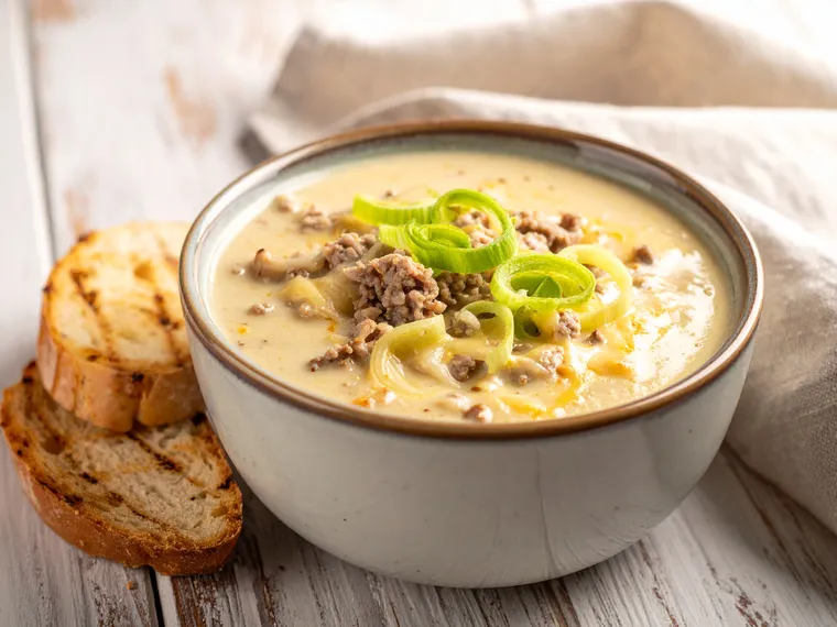 Käse-Lauch-Suppe mit Hack und Brot
