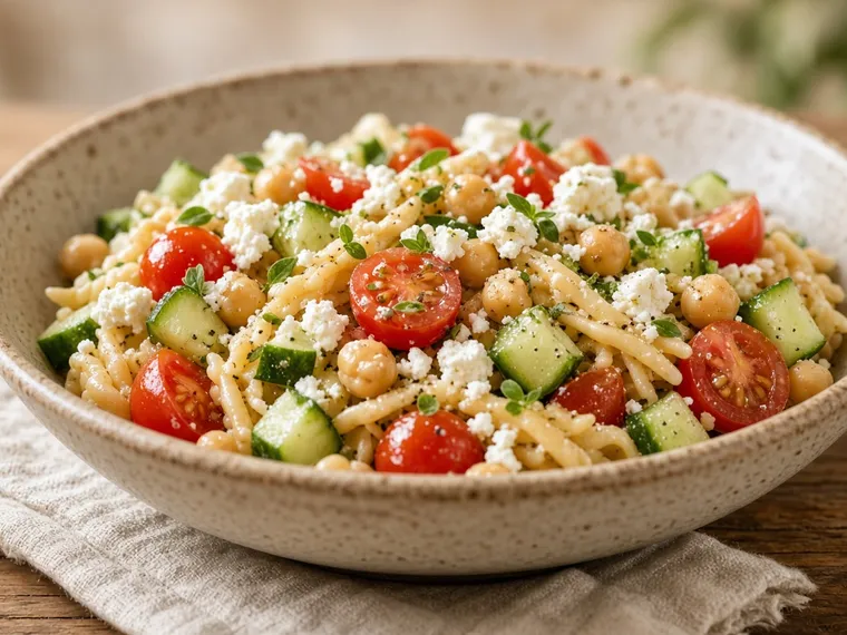 Mediterraner Kichererbsen-Nudel-Salat mit Cherrytomaten, Feta und Gurke