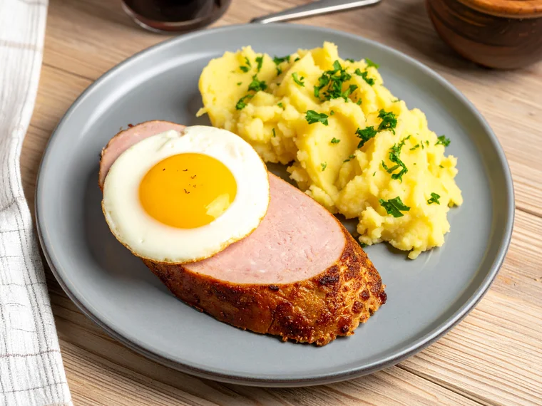 Leberkäse mit Spiegelei und Kartoffelpüree