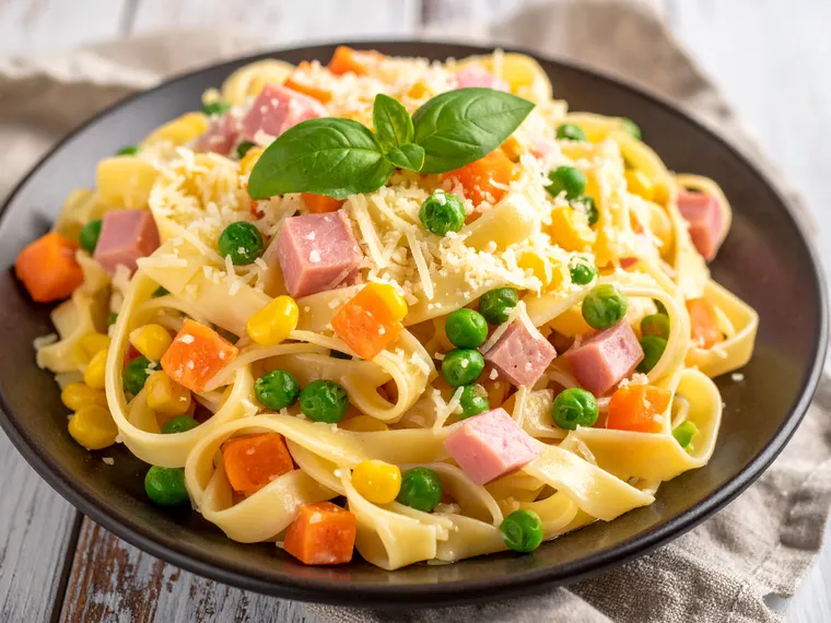 Nudelpfanne mit TK-Gemüse und Schinkenwürfeln