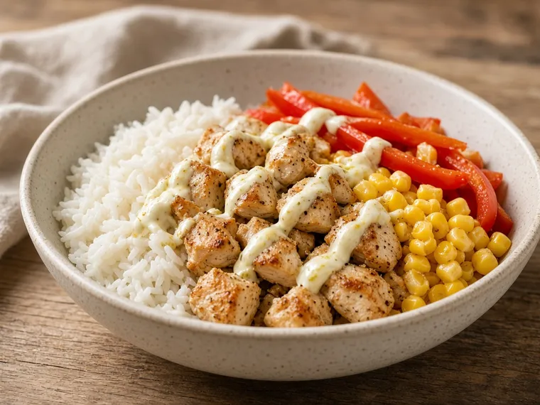 High-Protein-Bowl mit Hähnchen, Reis, Paprika und Mais